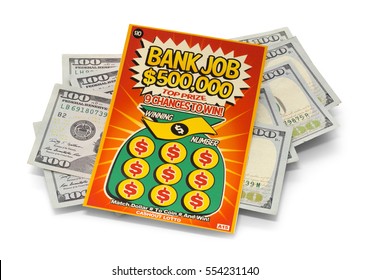 Winning Scratch Off Lotto Ticket with Money Isolated on White Background.
