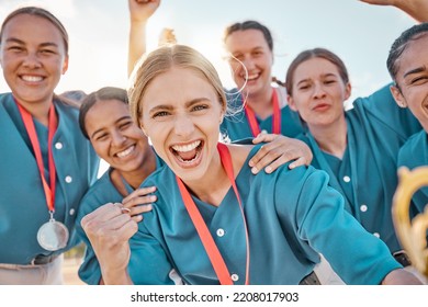 Winning team, baseball and celebration with women sports group cheering in victory and happy wearing medals after a game or match. Teamwork, softball and success of proud girls players enjoying sport - Powered by Shutterstock