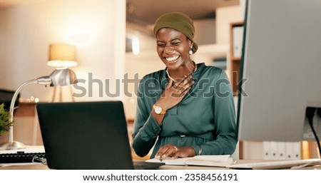 Winning, yes and happy woman on laptop in night news, international success or Nigeria business celebration accomplishment. African person or winner for stock market, trading or career bonus on compu