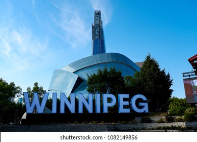 Winnipeg Manitoba Canada. August 14th 2017. View of Winnipeg constructed and Canadian Human for right museum in blue sky.
