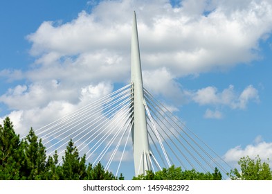 Winnipeg, Manitoba / Canada - July 13 2019: Esplanade Riel Pedestrian Bridge