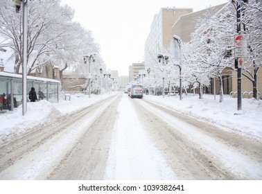 Winnipeg, Manitoba / Canada - March 5 2018: Street Covered By Snow