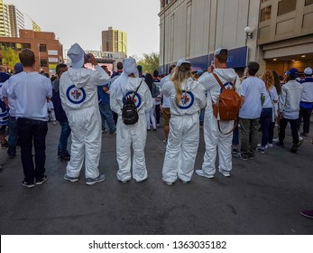 Winnipeg, Manitoba / Canada - May 12 2018: Fans Celebrating At The Winnipeg Jets Whiteout Street Party During The NHL Stanley Cup Playoffs