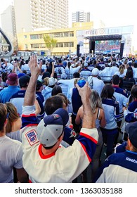 Winnipeg, Manitoba / Canada - May 12 2018: Fans Celebrating At The Winnipeg Jets Whiteout Street Party During The NHL Stanley Cup Playoffs