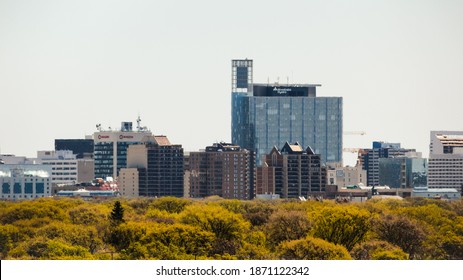 WINNIPEG, MANITOBA, CANADA – MAY 12, 2017: Winnipeg skyline with buildings of Rogers, and Manitoba Hydro on a sunny day with trees in the foreground.