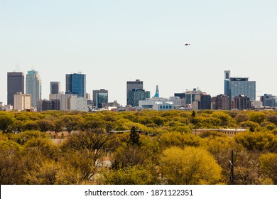 WINNIPEG, MANITOBA, CANADA – MAY 12, 2017: Winnipeg skyline with buildings of Richardson Building, MTS, RBC Royal Bank, Artis, and Manitoba Hydro on a sunny day with trees in the foreground.
