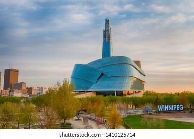 Winnipeg, Manitoba/Canada - May 2019: The Canadian Museum for Human Rights in Winnipeg, Manitoba viewed from the Forks parkade during sunrise