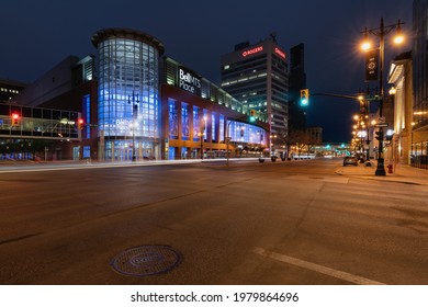 WINNIPEG, MANITOBA,CANADA- MAY 21, 2021: The Bell MTS Place in Winnipeg, Canada  is an indoor arena in downtown Winnipeg, Manitoba. The arena is the home of the National Hockey League's Winnipeg Jets.