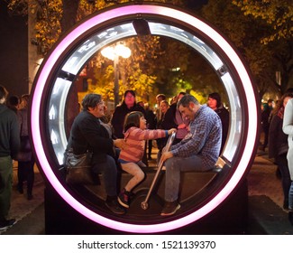 Winnipeg, Manitoba/Canada - September 2019: A Family Enjoying The Art Installation 