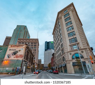 Winnipeg, Manitoba/Canada - September 2019: A look at the mix of old heritage and modern buildings found in downtown Winnipeg, viewed from the Exchange District