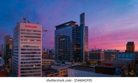 Winnipeg, MB, Canada - April 2022: Downtown Winnipeg at sunset