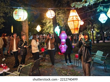 Winnipeg, MB, Canada - September 2022: People Taking Photos Of An Art Installation During Nuit Blanche