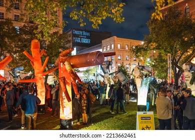 Winnipeg, MB, Canada - September 2022: People Looking At An Art Installation At The Old Market Square During Nuit Blanche