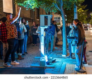 Winnipeg, MB, Canada - September 2022: People Taking Photos At An Interactive Art Display At Nuit Blanche