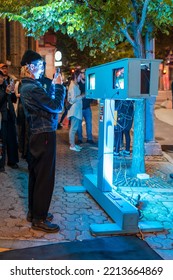 Winnipeg, MB, Canada - September 2022: People Taking Photos At An Interactive Art Display At Nuit Blanche