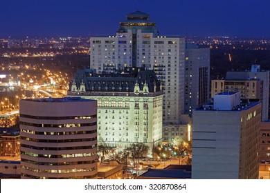 Winnipeg modern architecture at night. Winnipeg, Manitoba, Canada.