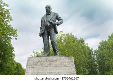 Winston Churchill Bronze Statue On Plinth In Woodford Green, Photo Looking Up From Plinth. Essex, England - 9th June 2020