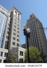 Winston, Salem - Jan 2018: Looking Up At The Skyscrapers In Downtown Winston-Salem, North Carolina   