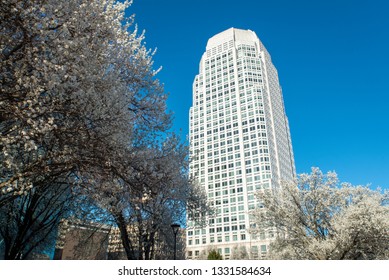 Winston Salem, NC/United States- 03/05/2019: 100 North Main Street, seen here with blossoms, is the tallest skyscraper in the region.
