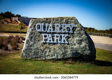 Winston Salem North Carolina United States October 23 2021 A large rock sign that says Quarry Park in Winston Salem North Carolina