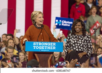 WINSTON-SALEM, NC - OCTOBER 27 , 2016: Democratic Presidential Candidate Hillary Clinton And US First Lady Michelle Obama Appear At A Presidential Campaign Event.