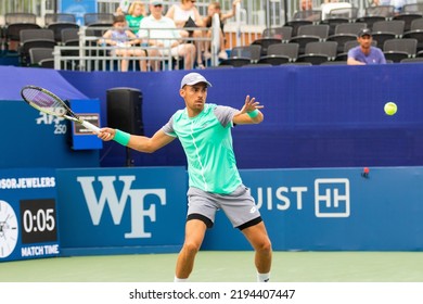 WINSTON-SALEM, NC, USA - AUGUST 25: Benjamin Bonzi Plays Botic Van De Zandschulp In The Quarterfinals On August 25, 2022 At The Winston-Salem Open In Winston-Salem, North Carolina.