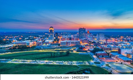 Winston-Salem North Carolina NC Downtown Skyline Aerial at Sunset.