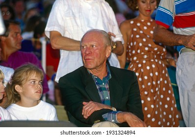 Winston-Salem, North Carolina USA, May 31, 1991
Former President Gerald R. Ford sits in the stands with guests during the annual Bing Crosby Clambake Golf Tournament at the Bermuda Run Country Club. 