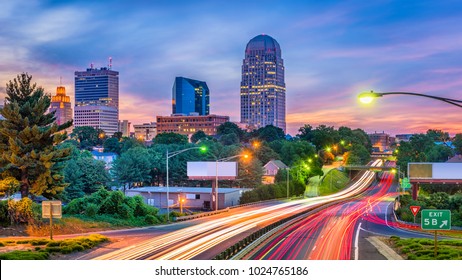 Winston-Salem, North Carolina, USA skyline at dusk.