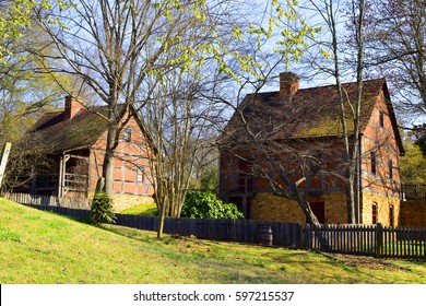 WINSTON-SALEM, USA, MAR 2017: Old Wooden Houses In The Traditional Moravian Settlement At Old Salem Museums And Gardens.