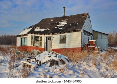 A Winter Abandoned House With Major Foundation And Structural Problems.