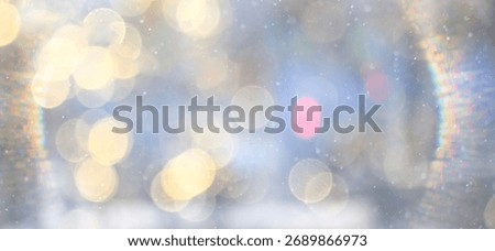Winter abstract background with falling snow and a frame of light, sun glare, festive backdrop