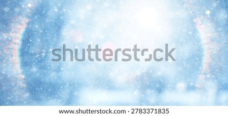 Winter abstract background with falling snow and a frame of light, sun glare, festive backdrop
