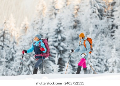 winter activity. Two women walking in snowshoes in the snow, winter hiking, two people in the mountains in winter, hiking equipment - Powered by Shutterstock