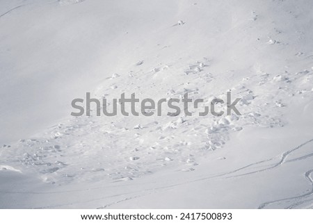 
Winter Alps, aftermath of an avalanche. Snow debris scatters the mountain terrain, revealing the avalanche's powerful impact on the snowy slopes.