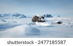 Winter Antarctic landscape in sunny day, blue sky. Desert white land of snow and ice, mountain range in background. Breathtaking travel journey over frozen Antarctica landscape. Low angle drone shot