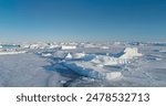 Winter Arctic landscape aerial panorama. Icebergs in frozen ice ocean under bright blue sky. Desert white land of snow and ice, South Pole. Pristine Antarctic scene. Antarctica travel and exploration