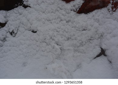 Winter Background, Adhering Snow, Beautiful Cut Of Large Snow On A Metal Construction Sheet With Mounds And Hollows