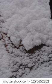 Winter Background, Adhering Snow, Beautiful Cut Of Large Snow On A Metal Construction Sheet With Mounds And Hollows