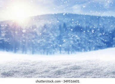 Winter Background, Falling Snow Over Winter Landscape With Copy Space