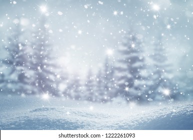 Winter  background .Merry Christmas and happy New Year greeting card with copy-space. Christmas landscape with snow and fir trees