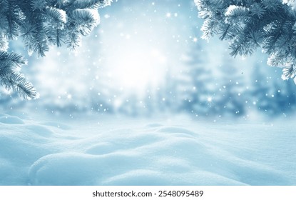 Winter  background .Merry Christmas and happy New Year greeting card with copy-space. Christmas landscape with snow and fir trees - Powered by Shutterstock