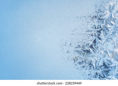 Winter Background, Natural Frost Pattern On Window. Frosted Glass, Ice Texture