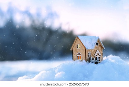 winter background. Wooden toy house on snow close up. festive winter season, Christmas and new year holidays. symbol of cozy, loving family home. fairy tale atmosphere. - Powered by Shutterstock