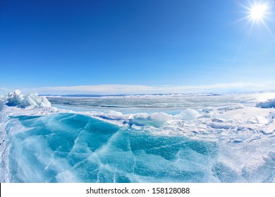 Winter Baikal Lake Landscape With Sun On Blue Sky