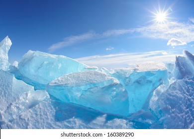 Winter Baikal Lake Landscape With Sun On Blue Sky