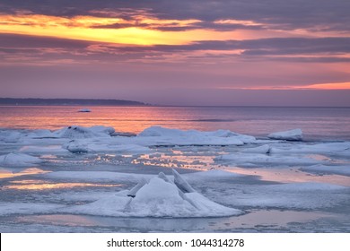 Winter Baltic Sea In Estonia. Sunset.