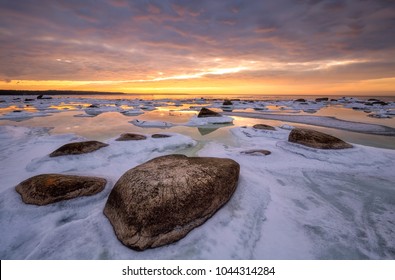 Winter Baltic Sea In Estonia. Sunset.