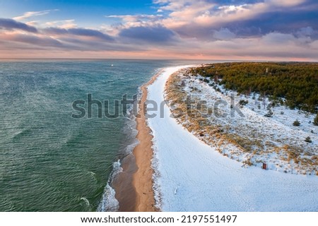 Winter at Baltic Sea. Snowy Hel peninsula. Aerial view of Poland, Europe