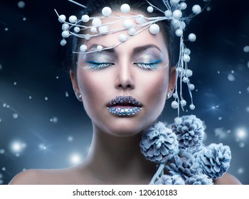 Winter Beauty Woman. Christmas Girl Makeup.Make-up. Snow Queen